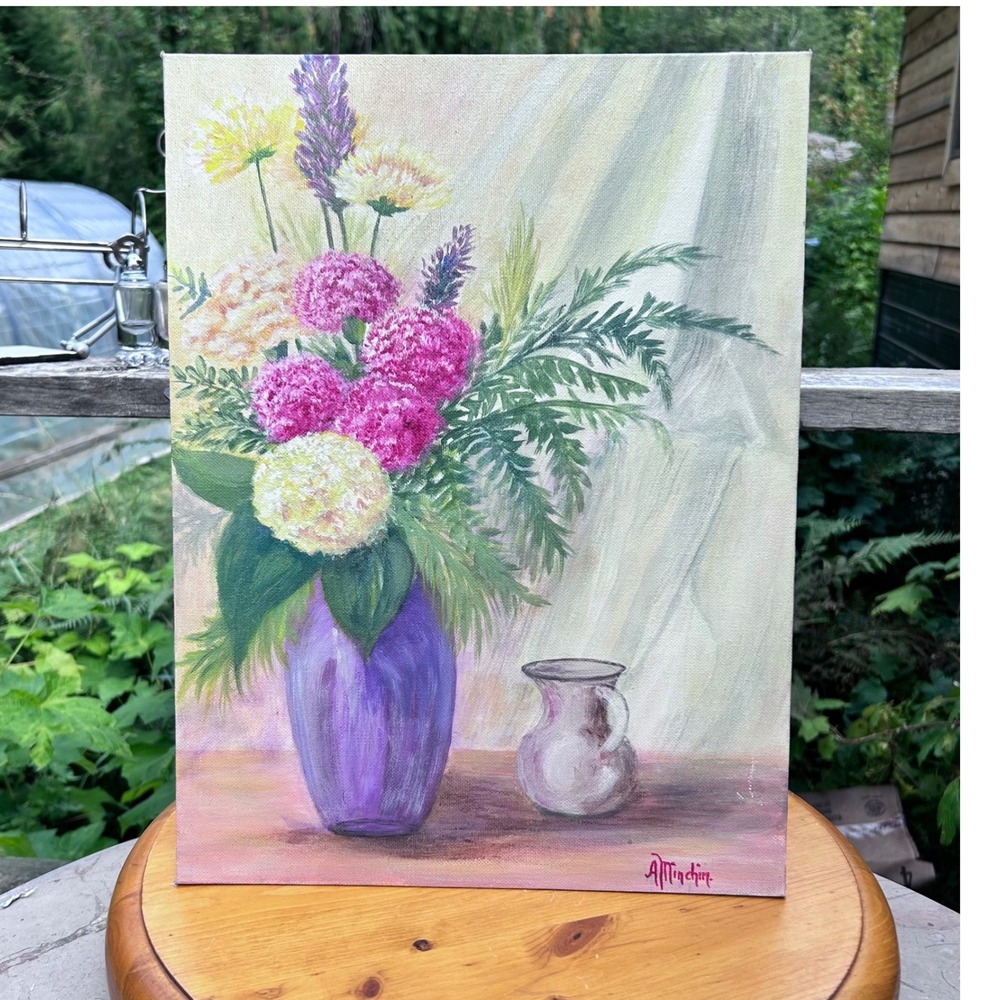 Vintage Floral Still Life Painting Large 12x16 Purple Hydrangea Art A Minchin